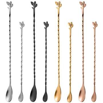 AnSaw Silver 12-Inch Stainless Steel Cocktail Spoon with Leaf Handle - Perfect for Mixing & Layering Drinks in Tall Cups, Bar & Shakers - Durable Long Handle Bar Stirrer,2-Pieces
