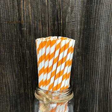 Eco-Friendly Striped Paper Straws - 50 Pack - Orange & White