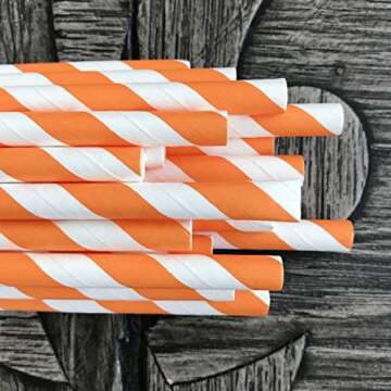 Eco-Friendly Striped Paper Straws - 50 Pack - Orange & White