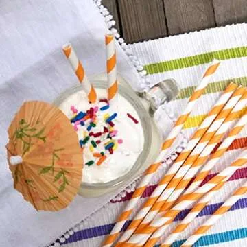 Eco-Friendly Striped Paper Straws - 50 Pack - Orange & White