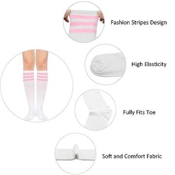 Zando Outdoor Athletic Socks for Women Soft Knee High Socks Tall Athletic Socks Stripes Tube Socks Extra Long Knee Socks Outdoor Boot Socks Elastic Knee High Stockings White Pink One Size