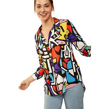 Blouses for Women Fashion, Casual Long Sleeve Button Down Shirts Tops, XS-3XL (Red Yellow Mix Colors, XXX-Large)