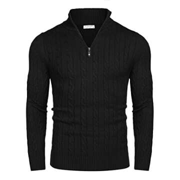 COOFANDY Men's Quarter-Zip Sweater Slim Fit Casual Knitted Turtleneck Pullover Mock Neck Polo Sweater Black