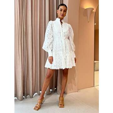 Roiii Women A-Line Lace Loose Baroque Button Down Long Sleeve Casual Dresses V Neck Embroidery Party Short Dress