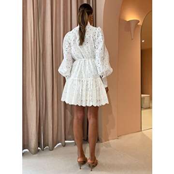 Roiii Women A-Line Lace Loose Baroque Button Down Long Sleeve Casual Dresses V Neck Embroidery Party Short Dress