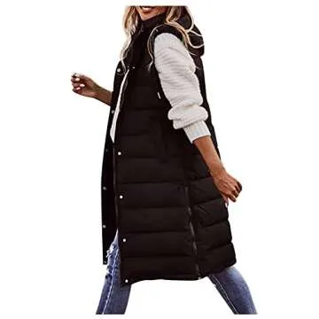 Black Puffer Vest Women Plus Size Long Warm Coat Casual Fashion Zip Up Hoodie Tops Outdoor Winter Cotton Padded Jacket Lightweight Open Front Outerwear Quilted Waistcoat(B Black,Small)