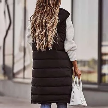 Black Puffer Vest Women Plus Size Long Warm Coat Casual Fashion Zip Up Hoodie Tops Outdoor Winter Cotton Padded Jacket Lightweight Open Front Outerwear Quilted Waistcoat(B Black,Small)