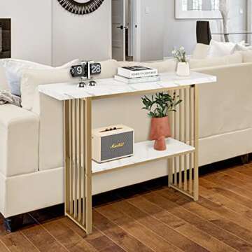 Tangkula 48” Console Table, White Faux Marble Entryway Table with Gold Finished Frame, Modern Deluxe Sofa Table with 2 Tier Storage, Ideal for Living Room, Hallway, Dining Room