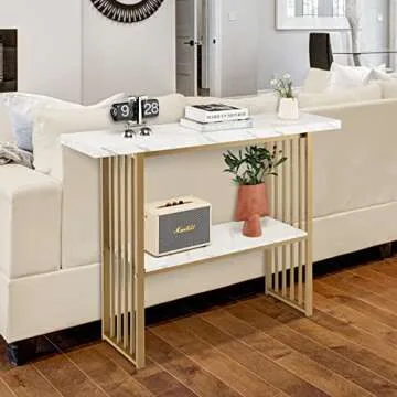 Tangkula 48” Console Table, White Faux Marble Entryway Table with Gold Finished Frame, Modern Deluxe Sofa Table with 2 Tier Storage, Ideal for Living Room, Hallway, Dining Room