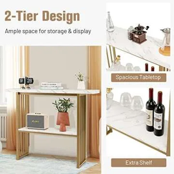 Tangkula 48” Console Table, White Faux Marble Entryway Table with Gold Finished Frame, Modern Deluxe Sofa Table with 2 Tier Storage, Ideal for Living Room, Hallway, Dining Room