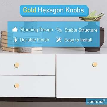 Jasluna 12-Pack Gold Cabinet Knobs for Dresser Drawers, 1-1/4 inch Hexagon Knobs for Kitchen Cupboard Bathroom Closet, Matte Gold Finished