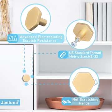 Jasluna 12-Pack Gold Cabinet Knobs for Dresser Drawers, 1-1/4 inch Hexagon Knobs for Kitchen Cupboard Bathroom Closet, Matte Gold Finished