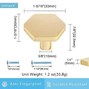 Jasluna 12-Pack Gold Cabinet Knobs for Dresser Drawers, 1-1/4 inch Hexagon Knobs for Kitchen Cupboard Bathroom Closet, Matte Gold Finished