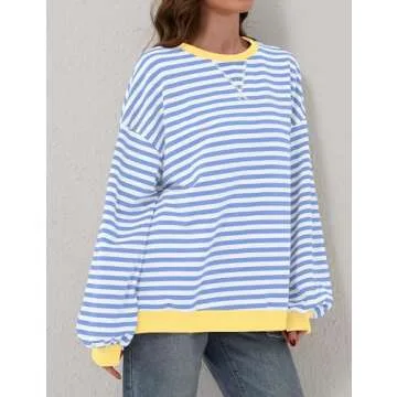 Labolliy Women Striped Oversized Sweatshirt Color Block Crew Neck Long Sleeve Shirt Casual Pullover Top Fall Y2K Clothes Blue White