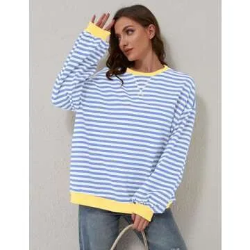 Labolliy Women Striped Oversized Sweatshirt Color Block Crew Neck Long Sleeve Shirt Casual Pullover Top Fall Y2K Clothes Blue White