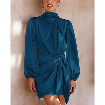 BTFBM Women's Long Sleeve Satin Dress 2023 Summer Fall Silky Mock Neck Ruched Tie Waist Cocktail Party Mini Dresses(Solid Dark Blue, Small)