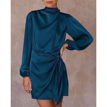 BTFBM Women's Long Sleeve Satin Dress 2023 Summer Fall Silky Mock Neck Ruched Tie Waist Cocktail Party Mini Dresses(Solid Dark Blue, Small)
