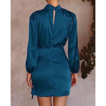 BTFBM Women's Long Sleeve Satin Dress 2023 Summer Fall Silky Mock Neck Ruched Tie Waist Cocktail Party Mini Dresses(Solid Dark Blue, Small)
