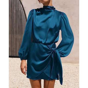 BTFBM Women's Long Sleeve Satin Dress 2023 Summer Fall Silky Mock Neck Ruched Tie Waist Cocktail Party Mini Dresses(Solid Dark Blue, Small)