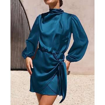 BTFBM Women's Long Sleeve Satin Dress 2023 Summer Fall Silky Mock Neck Ruched Tie Waist Cocktail Party Mini Dresses(Solid Dark Blue, Small)