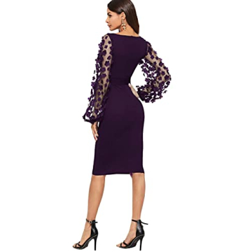 SheIn Women's Elegant Mesh Contrast Bishop Sleeve Bodycon Pencil Dress