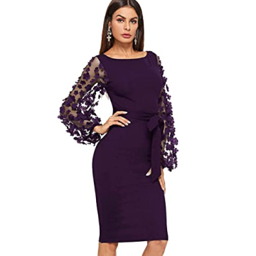 SheIn Women's Elegant Mesh Contrast Bishop Sleeve Bodycon Pencil Dress