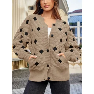 Saodimallsu Womens Chunky Cardigans Button Down Long Sleeve Open Front Plaid Knit Loose Fall Sweater Coats Khaki