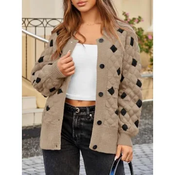Saodimallsu Womens Chunky Cardigans Button Down Long Sleeve Open Front Plaid Knit Loose Fall Sweater Coats Khaki