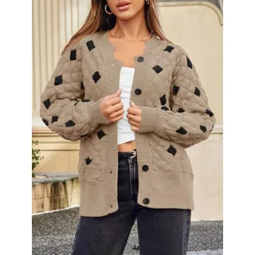Saodimallsu Womens Chunky Cardigans Button Down Long Sleeve Open Front Plaid Knit Loose Fall Sweater Coats Khaki