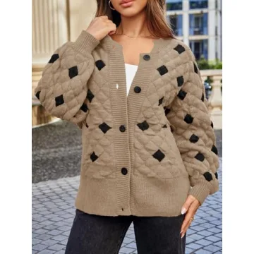 Saodimallsu Womens Chunky Cardigans Button Down Long Sleeve Open Front Plaid Knit Loose Fall Sweater Coats Khaki