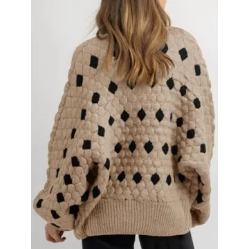 Saodimallsu Womens Chunky Cardigans Button Down Long Sleeve Open Front Plaid Knit Loose Fall Sweater Coats Khaki