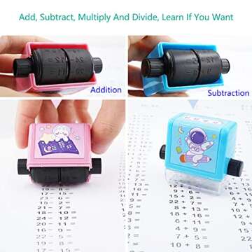 4PC Roller Digital Teaching Stamp Addition, Subtraction, Multiplication and Division Roller Stamp， Teaching Math Practice Questions，for Preschool Kindergarten Homeschool Supplies