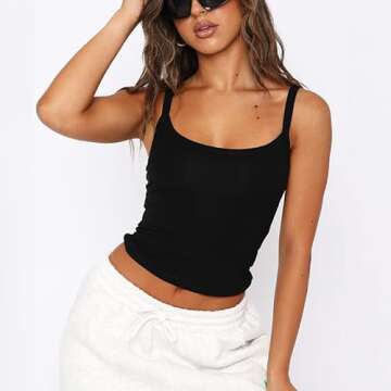 ABYOVRT Basic Tank Tops for Women Going Out Tops Y2k Sleeveless Fitted Cami Tops Solid Workout Crop Tops Summer Vest (B-Black,S)