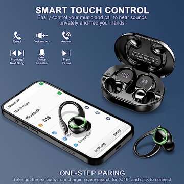 Headphones Bluetooth 5.3 Wireless Earbuds ENC Noise Cancelling Mic, Bass Stereo Over Ear buds with Earhooks, 48H Playback and Dual LED Display, IP7 Waterproof Earphones for Sports/Workouts/Gym/Gaming