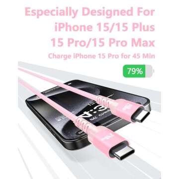 240W 10FT USB C to USB C Cable Nylon Braided USB Type-C Cord Fast Charging for iPhone15/Pro/Plus/Pro...