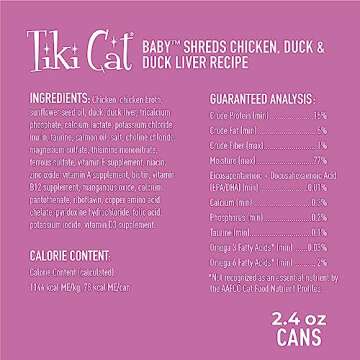 Tiki Cat Baby, Chicken Duck & Duck Liver Mousse & Shreds, High-Protein and Flavorful, Wet Cat Food for Kittens 4 Weeks Plus, 2.4 oz. Cans (Pack of 12)