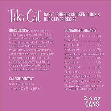 Tiki Cat Baby, Chicken Duck & Duck Liver Mousse & Shreds, High-Protein and Flavorful, Wet Cat Food for Kittens 4 Weeks Plus, 2.4 oz. Cans (Pack of 12)