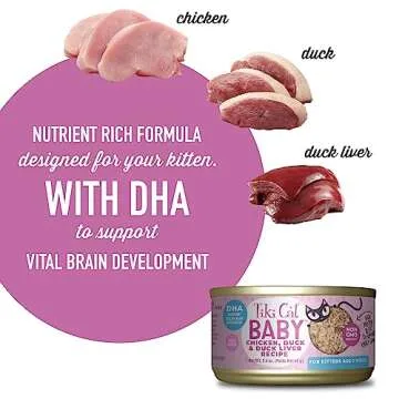 Tiki Cat Baby, Chicken Duck & Duck Liver Mousse & Shreds, High-Protein and Flavorful, Wet Cat Food for Kittens 4 Weeks Plus, 2.4 oz. Cans (Pack of 12)