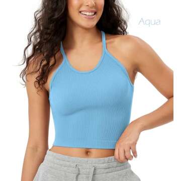ODODOS Women's Crop Camisole 3-Pack Seamless Rib-Knit Crop Tank Tops, Long Crop, Aqua+Orange+Cyan Blue, X-Large/XX-Large