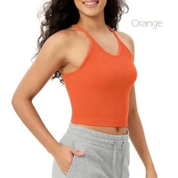 ODODOS Women's Crop Camisole 3-Pack Seamless Rib-Knit Crop Tank Tops, Long Crop, Aqua+Orange+Cyan Blue, X-Large/XX-Large