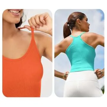 ODODOS Women's Crop Camisole 3-Pack Seamless Rib-Knit Crop Tank Tops, Long Crop, Aqua+Orange+Cyan Blue, X-Large/XX-Large