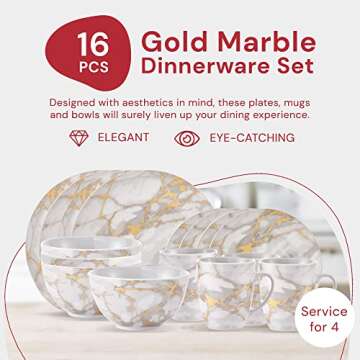 Safdie & Co. - Gold Marble Plates and Bowls Sets, Modern Kitchen 16-Piece Dinnerware Sets, Indoor an...