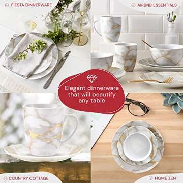 Safdie & Co. - Gold Marble Plates and Bowls Sets, Modern Kitchen 16-Piece Dinnerware Sets, Indoor and Outdoor Plates, with Mugs, Dishwasher Safe