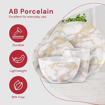 Safdie & Co. - Gold Marble Plates and Bowls Sets, Modern Kitchen 16-Piece Dinnerware Sets, Indoor and Outdoor Plates, with Mugs, Dishwasher Safe
