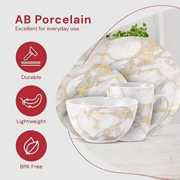 Safdie & Co. - Gold Marble Plates and Bowls Sets, Modern Kitchen 16-Piece Dinnerware Sets, Indoor and Outdoor Plates, with Mugs, Dishwasher Safe