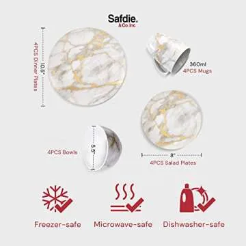 Safdie & Co. - Gold Marble Plates and Bowls Sets, Modern Kitchen 16-Piece Dinnerware Sets, Indoor and Outdoor Plates, with Mugs, Dishwasher Safe