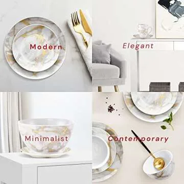 Safdie & Co. - Gold Marble Plates and Bowls Sets, Modern Kitchen 16-Piece Dinnerware Sets, Indoor and Outdoor Plates, with Mugs, Dishwasher Safe