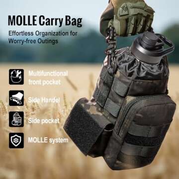 OneTigris Tactical Half Gallon Water Bottle with Straw - 64 oz Vacuum Insulated Stainless Steel Water Jug, Leakproof Sport Bottle with 3 BPA Free Lids, Paracord Handle & MOLLE Water Pouch for Outdoor