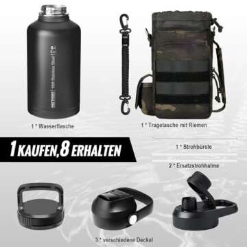 OneTigris Tactical Half Gallon Water Bottle with Straw - 64 oz Vacuum Insulated Stainless Steel Water Jug, Leakproof Sport Bottle with 3 BPA Free Lids, Paracord Handle & MOLLE Water Pouch for Outdoor