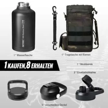 OneTigris Tactical Half Gallon Water Bottle with Straw - 64 oz Vacuum Insulated Stainless Steel Water Jug, Leakproof Sport Bottle with 3 BPA Free Lids, Paracord Handle & MOLLE Water Pouch for Outdoor